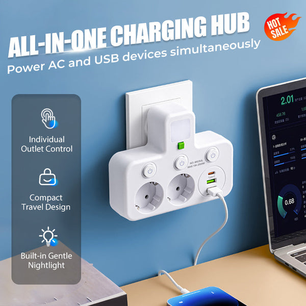 EU-Stecker-Wandler-Steckdose mit 4 Steckdosen, Multi-Port-Wanddose mit unabhängigem Schalter und kleinem Nachtlichtadapter