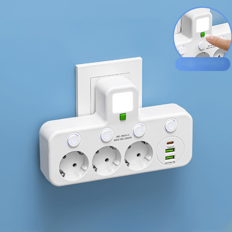 EU-Stecker-Wandler-Steckdose mit 4 Steckdosen, Multi-Port-Wanddose mit unabhängigem Schalter und kleinem Nachtlichtadapter