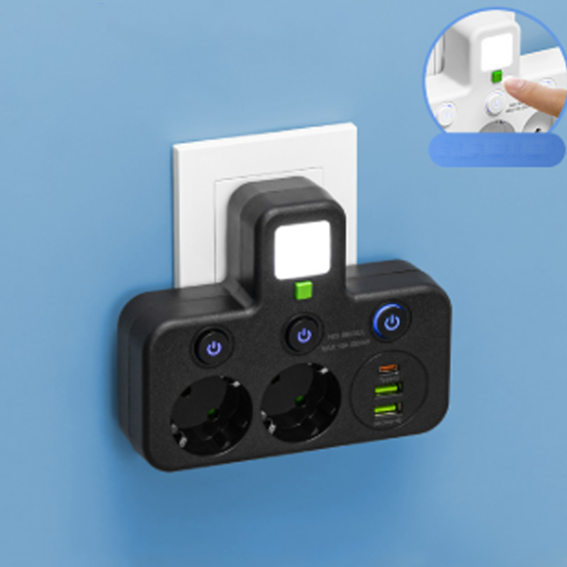 EU-Stecker-Wandler-Steckdose mit 4 Steckdosen, Multi-Port-Wanddose mit unabhängigem Schalter und kleinem Nachtlichtadapter